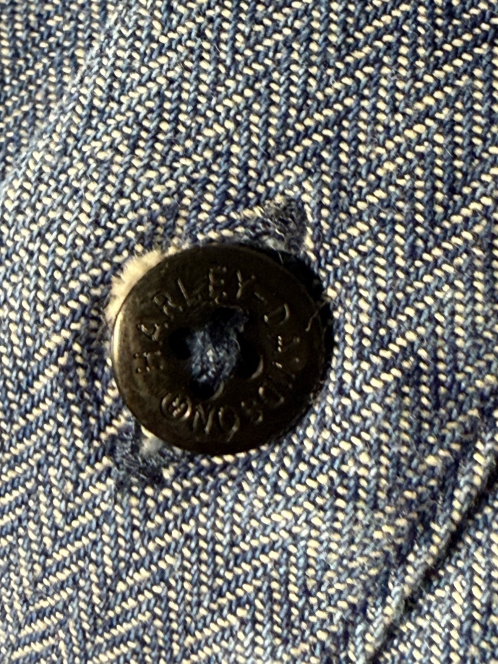 Vintage Harley Davidson Embroidered Denim Shirt XL Blue Herringbone Button Up - Picture 7 of 10